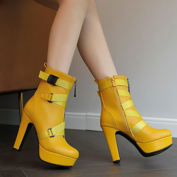 New Womens Mid-calf Boots With Thick Soles And Chunky Heels