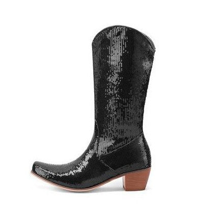 Womens Block-Heel Patent Leather Knee-High Boots