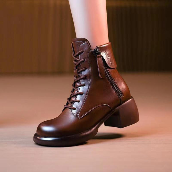 Womens Autumn Chunky-Soled Fashionable All-Match Vintage Leather Boots