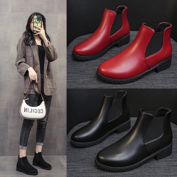 New Springautumn Red Dr Martens-style Boots With A Round Toe And Chunky Heel