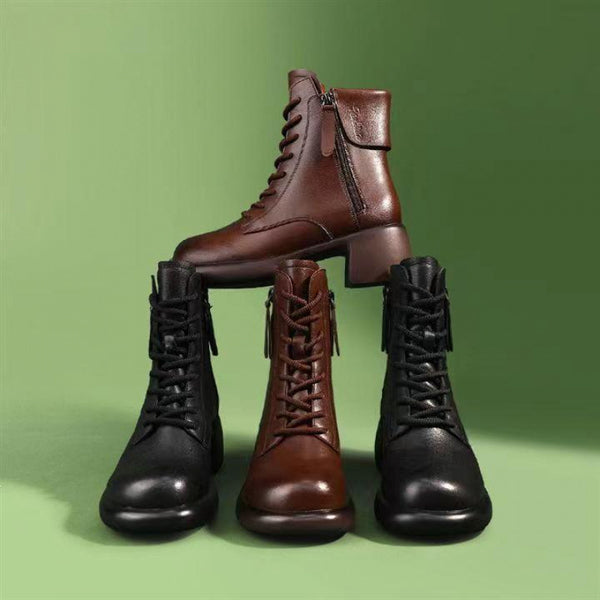 Womens Autumn Chunky-Soled Fashionable All-Match Vintage Leather Boots